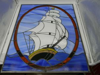 Nautical Clipper Ship Boat Vintage Stained Glass Window Panel Approx 21x26
