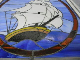 Nautical Clipper Ship Boat Vintage Stained Glass Window Panel Approx 21x26 2