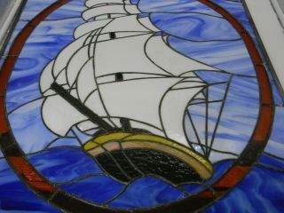 Nautical Clipper Ship Boat Vintage Stained Glass Window Panel Approx 21x26 3
