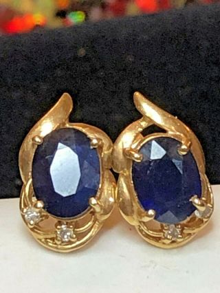 Vintage Estate 14k Gold Blue Sapphire Diamond Earrings Gemstone Studs