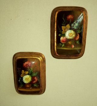 Vintage Rectangular Pot Lids With Hand Painted Floral Still Life