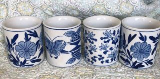 Seymour Mann China Blue White Butterfly Floral 4 Coffee Tea Mugs