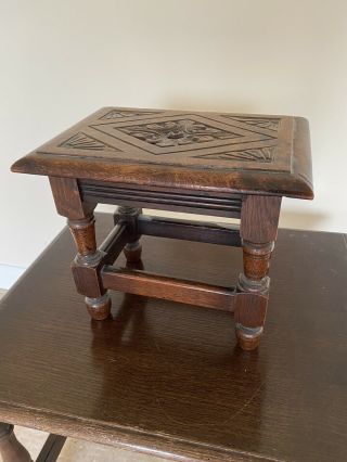 Antique Oak Hand Carved Small Decorative Stool Foot Stool Architectural