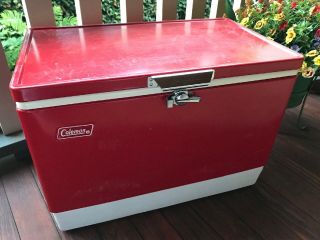 Vintage 1978 Coleman Red Metal Cooler With Ice / Sandwich / Snack Tray 22” Long