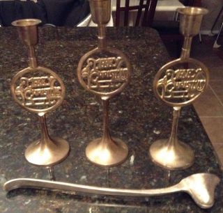 3 Vintage Solid Brass Candle Holders With Snuffer - Merry Christmas - Cond