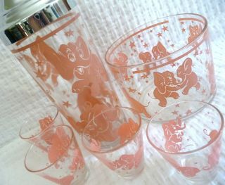 Vtg Mid Century Pink Dancing Elephants Stars Cocktail Shaker Ice Bucket Glasses