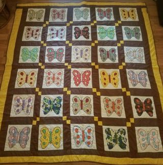 Vintage Butterfly Applique Hand & Machine Stitched Quilt Queen Size 81 X 92