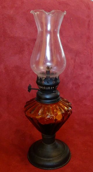 Vintage Small Amber Glass Oil Lamp With Chimney