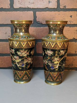 Fine Vintage Pair Chinese Cloisonne Enamel Phoenix Bird & Floral Vase