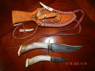 Vintage Hand Made " Ken Richardson " Pair 6 " & 3 " Knives / Leather Sheath