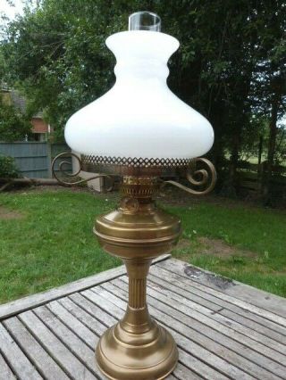 Lovely Vintage Duplex Brass & White Glass Oil Lamp.