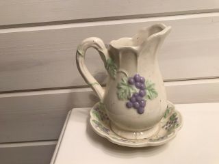 Ceramic Pitcher And Bowl/plate With Grape Clusters And Leaves