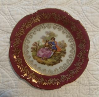 Limoges France Small Plate/trinket Tray Fragonard Courting Couple Red Gold 5”