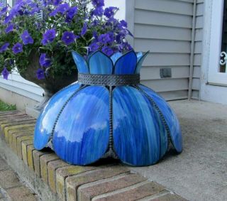 Large Vintage Tiffany Victorian Style Blue Stained Slag Glass Lamp Shade 24 "