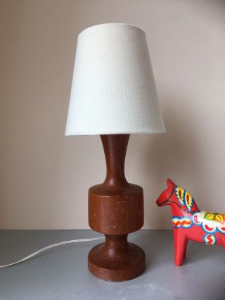 Small Retro Vintage Mid Century Turned Teak Wooden Table Lamp & Shade.  Bedside