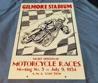 Gilmore Stadium Motorcycle Race 18 " Porcelain Vintage Style Gasoline & Oil Sign