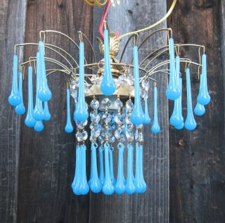 Vintage Waterfall Opaline Blue Tole Brass Swag Lamp Crystal Chandelier Hollywood