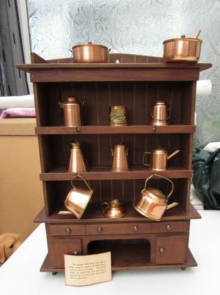 Vintage Miniature Welsh Wooden Dresser With 11 Copper & Brass Pots,  Urns,  Kettles
