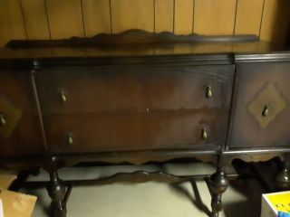 Dark Solid Wood Antique Buffet Table With Ornate Metal Handles
