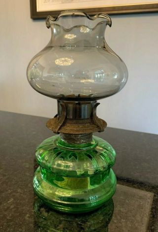 Vintage Camerco Oil Table Lamp - Green Glass Base / Grey Chimney - Germany