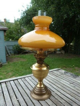 Lovely Vintage Duplex Brass & Amber Glass Oil Lamp.