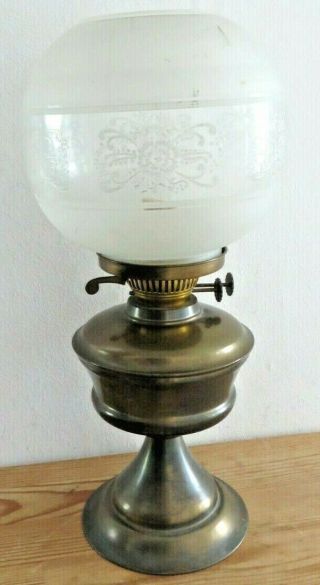 Vintage Brass Oil Lamp With Large Glass Bowl Shade & Wick -