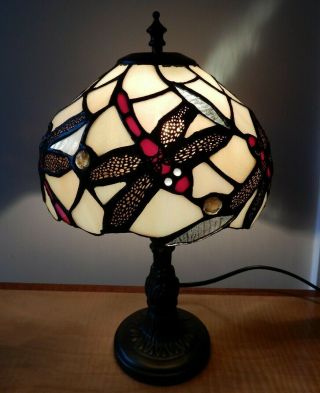 Art Nouveau,  Tiffany Table Lamp,  Bronze Base,  Stained Glass Shade,  Dragon Fly