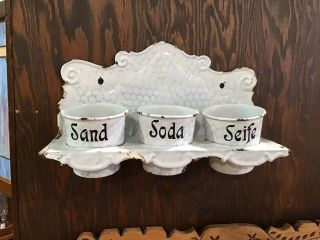 Vintage Set Of 3 Blue & White Chickenwire Enamelware,  Sand - Soda - Soap With Hanger