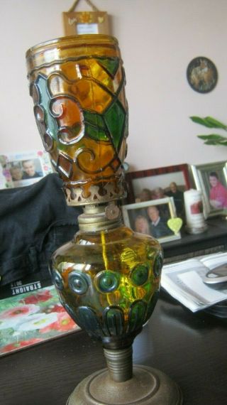 Vintage Large Coloured Glass & Metal Base Oil Lamp.
