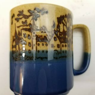 Vintage Hand Painted Brown & Cobalt Blue Speckled Stoneware Coffee Mug Euc