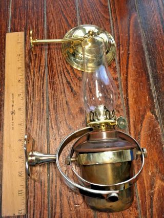 Vintage Gimbal Wall Mount Brass Oil Lamp W/new Burner,  Smoke Bell Great Patina