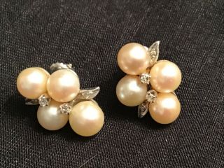 Vintage 14k White Gold Earrings With Cultured Pearls And Diamonds /pierced Ears