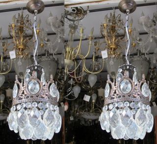 A Pair Antique Vintage Basket Style Crystal Chandelier Lamp Light 1940s 6,  3 In D