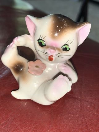 Vintage Cat Kitten Figurine On Back Flower On Belly Japan