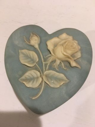 Vintage Blue Incolay Stone Trinket Box Heart Shaped Raised Rose Design