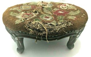 Vintage Petit Point Foot Stool Footrests Oval Flower Embroidery Tapestry Straw