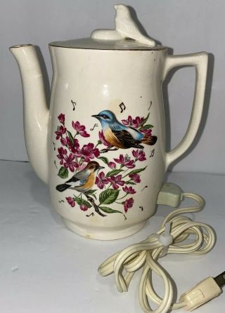 Vintage Japan Porcelain Ceramic Electric Tea Pot Rose Bird Singing Lid Signed