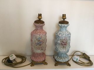 Vintage Milk Glass Pink And Blue Moulded Table Lamps Floral Design X 2