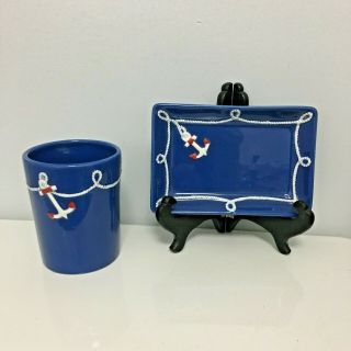 Martha Sewart Blue With Anchor Design Cup & Soap Dish