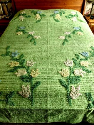 Vintage Chenille Bedspread Coverlet Green 89 1/2 " X 98 " Full Mid Century