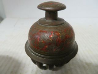 Antique Elephant Claw Bell India Brass Cloisonne Enameled Red Background