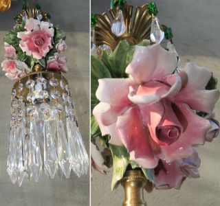 Porcelain Rose Pink Chandelier Swag Lamp Capodimonte Brass Vintage Emerald Beads