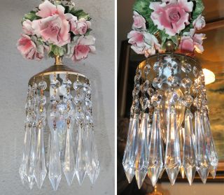 Porcelain ROSE pink Chandelier SWAG lamp Capodimonte Brass Vintage emerald beads 2