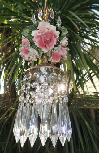 Porcelain ROSE pink Chandelier SWAG lamp Capodimonte Brass Vintage emerald beads 3