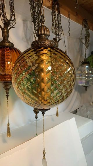 13” Wide Real Gold Glass Vintage Mcm Hanging Swag Lamp Light W/ Diffuser