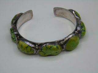 Vintage Sterling Silver & Green Turquoise Cuff Bracelet Signed " R "