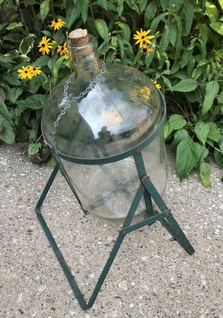 Vtg 5 Gallon Glass Drinking Water Bottle Jug Wine Beer Homebrew Metal W/stand