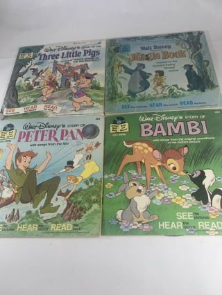 Walt Disney Along Book And Record - Peter Pan,  Jungle Book,  Bambi,  Three Pigs