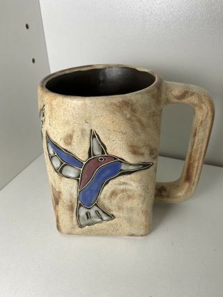 Mara Mexico Pottery Mug Hummingbirds Tan Blue Purple