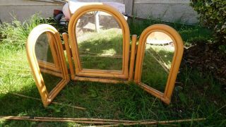 Vintage Bamboo Cane Tri - Fold Tabletop Vanity Dressing Table Tilting Mirror